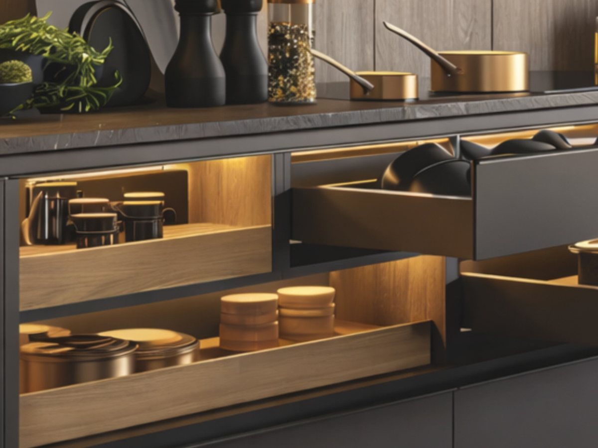 Soft-close Tandem Slim box drawers open in a modular kitchen, lit from within