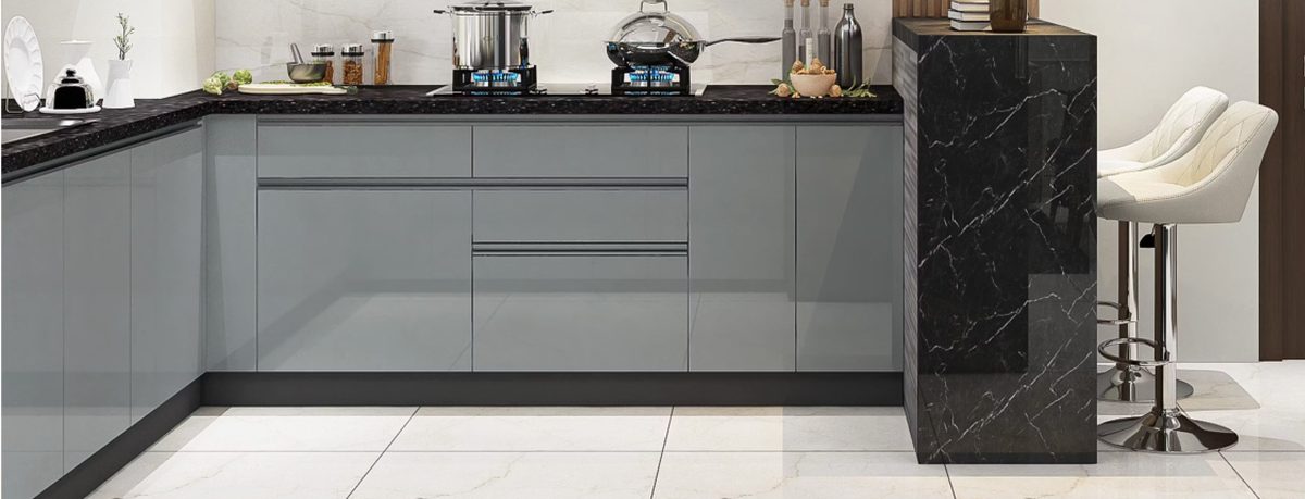 Grey modular kitchen with REcore drawer hardware
