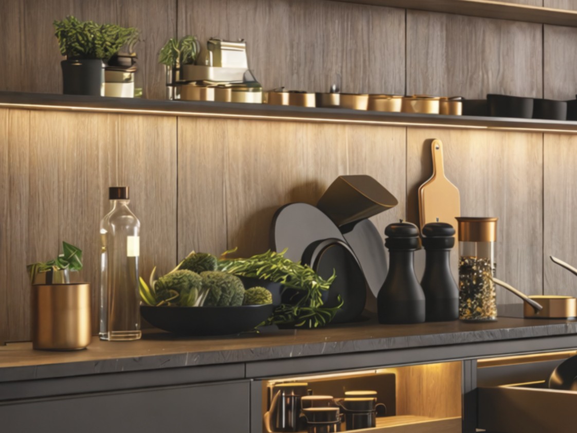 Lit open shelving above a kitchen counter with brass storage containers