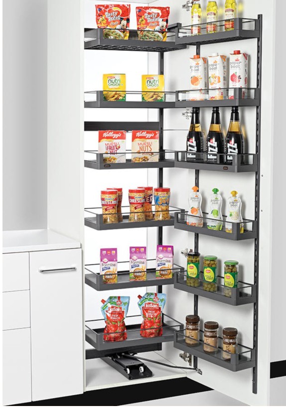Tall pull-out kitchen pantry unit with six stocked wire baskets