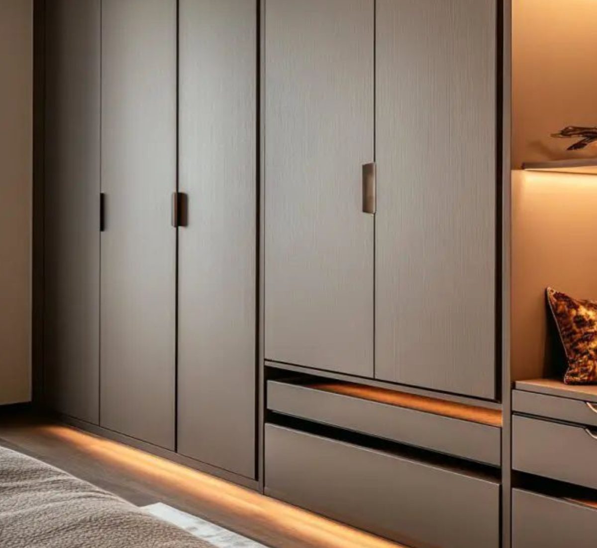 Wardrobe with integrated handle profile and warm LED lighting