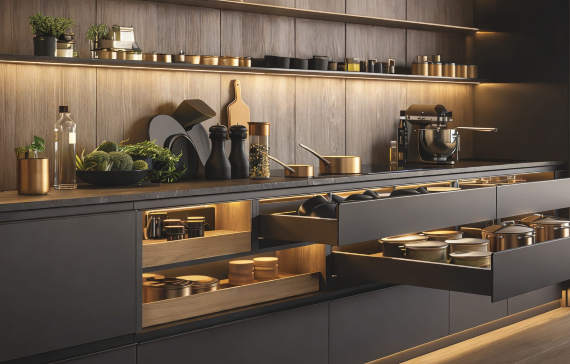 Modular kitchen with a REcore soft-close Tandem Slim drawer system